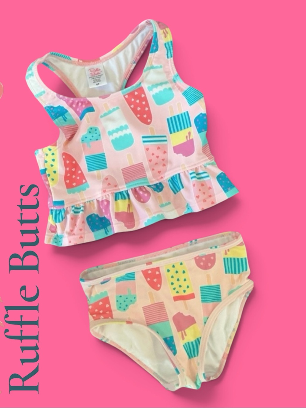 RUFFLE BUTTS - Sz 4T -  Ice Pop Girls Swim Suit Tankini Two-Piece - Pink Mult